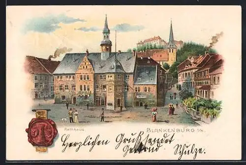 Künstler-AK Blankenburg / Harz, Rathaus mit Schloss und Stadtsiegel