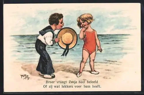 Künstler-AK Arthur Thiele: Knabe spricht eine kleine Strandschönheit an