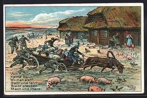 Künstler-AK A. Thiele: Von Kultur keine Spur, Deutscher Feldpostwagen bleibt im russischen Schlamm stecken