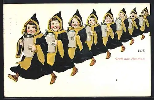 Künstler-AK P. O. Engelhard (P.O.E.): Münchner Kindl mit Bier
