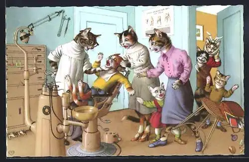 AK Vermenschlichte Katzen erschrecken vor der Behandlung beim Zahnarzt