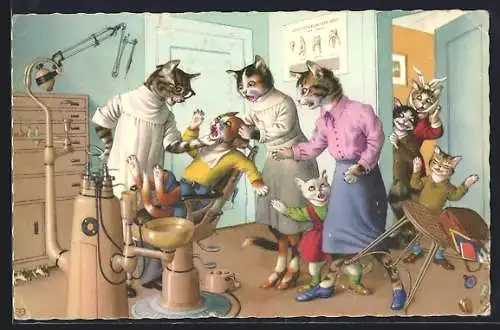 AK Vermenschlichte Katzen erschrecken vor der Behandlung beim Zahnarzt