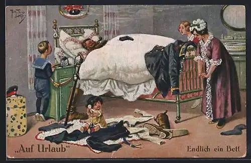 Künstler-AK A. Thiele: Soldat auf Urlaub, Endlich ein Bett, Vater mit Pfeife