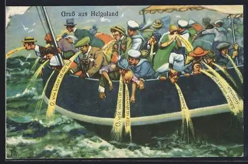 Künstler-AK Arthur Thiele: Gruss aus Helgoland, Seekranke erbrechen sich ins Meer