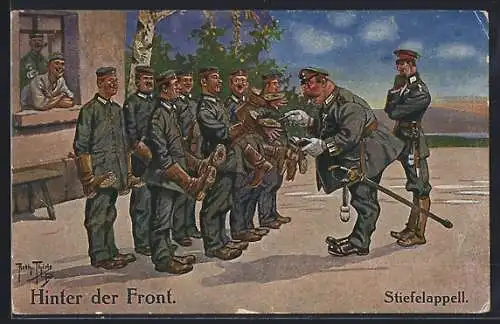 Künstler-AK Arthur Thiele: Hinter der Front, Soldaten in Uniform beim Stiefelappell