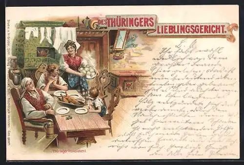 Lithographie Thüringerin in Tracht serviert Klösse & Gans