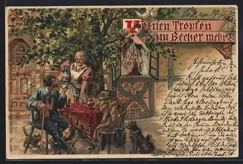 Lithographie Kellnerin schenkt dem Gast Wein ein, Katze unterm Tisch, Hund, Engel
