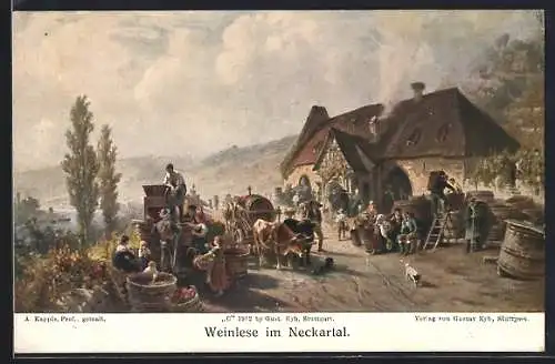 Künstler-AK Weinlese im Neckartal, Ochsengespann
