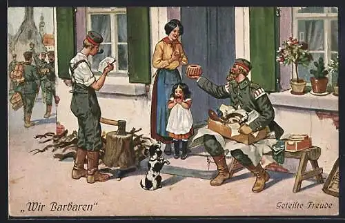 Künstler-AK A. Thiele: Geteilte Freude, Soldat teilt den Inhalt seiner Feldpost mit einer franz. Familie