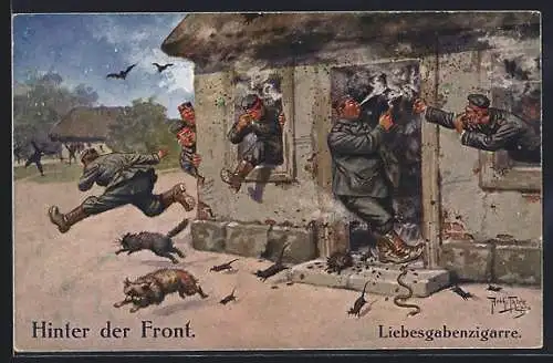 Künstler-AK A. Thiele: Hinter der Front, Liebesgabenzigarre, Soldaten, Nagetiere, Schlange und Katze flüchten aus Haus