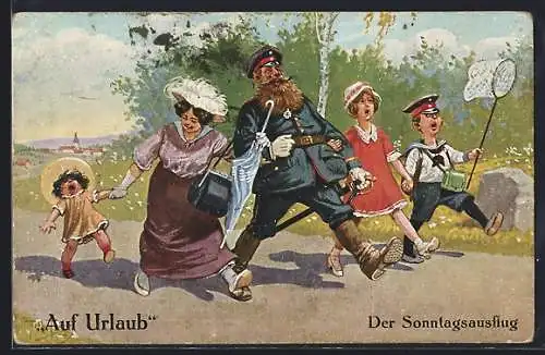 Künstler-AK A. Thiele: Auf Urlaub, Der Sonntagsausflug, Soldat geht mit seiner Familie spazieren, Eisernes Kreuz