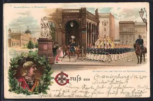 Künstler-AK Potsdam, Neus Palais, Wilhelm II. an der Spitze der Fahnenkompanie
