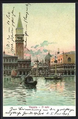 Lithographie Venezia, Il molo, Gondel