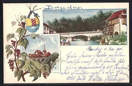 Lithographie Boudry, Kirche und Brücke