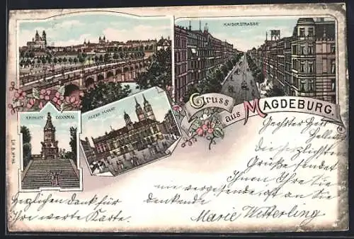 Lithographie Magdeburg, Bismarck-Denkmal, Kaiserstrasse und der Alte Markt
