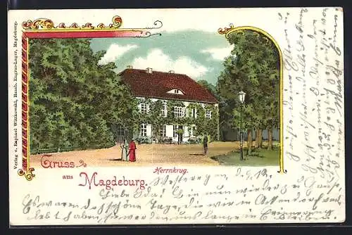 Lithographie Magdeburg, Gasthaus Herrenkrug, Spaziergänger