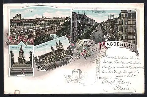 Lithographie Magdeburg, Bismarck-Denkmal, Kaiserstrasse und der Alte Markt