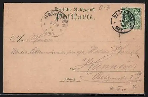 Lithographie Magdeburg, Bismarck-Denkmal, Kaiserstrasse und der Alte Markt
