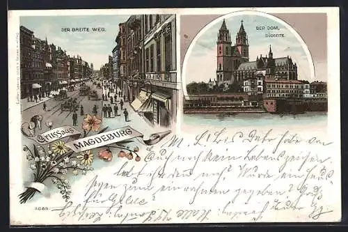Lithographie Magdeburg, Strasse Breiter Weg mit Café und Strassenbahn, Dom Südseite