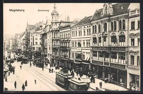 AK Magdeburg, Strasse Breiteweg mit Geschäften und Strassenbahn