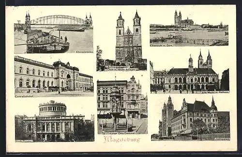AK Magdeburg, Dom, Markt m. Rathaus, Justizpalast, Kaiser Otto-Denkmal, Königsbrücke, Zentralbahnhof, Theater
