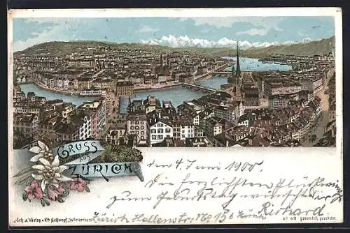 Lithographie Zürich, Stadtansicht mit Flusspartie