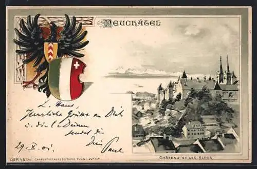 Lithographie Neuchatel, Chateau et les Alpes, Stadtwappen um 1900