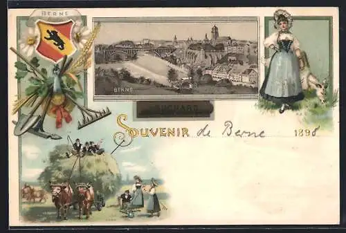 Lithographie Berne, Teilansicht, Wappen und Heuwagen, Kakao Suchard