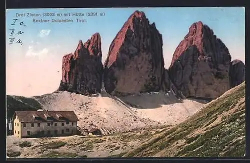AK Drei Zinnen mit der Berghütte im Vordergrund