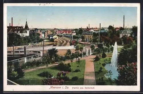 AK Meerane, Partie am Bahnhof mit Springbrunnen