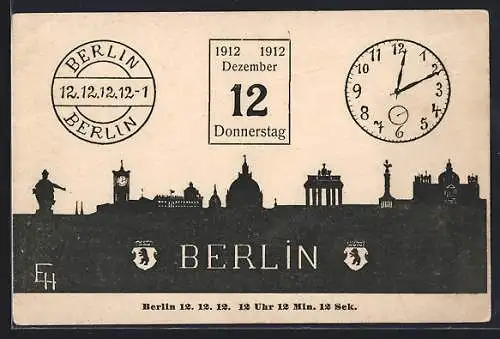 Künstler-AK Berlin, Stadtsilhouette, Kalenderblatt 11. Dezember 1913, Uhr, 11.12.13