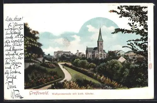 AK Greifswald, Wallpromenade mit Kath. Kirche