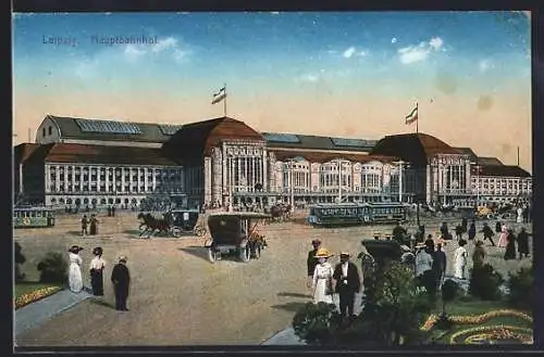 AK Leipzig, Kutschen und Strassenbahn vor dem Hauptbahnhof