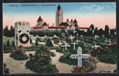 AK Leipzig, Gräber auf dem Heldenfriedhof mit Krematorium