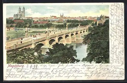Lithographie Magdeburg, Teilansicht mit Brücke