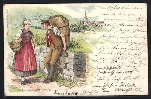 Lithographie Remsthal, Paar in Württemberg. Landestracht bei der Weinlese