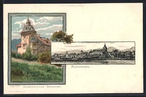 Künstler-Lithographie Carl Biese: Radolfzell, Scheffelvilla Seehalde, Ortsansicht