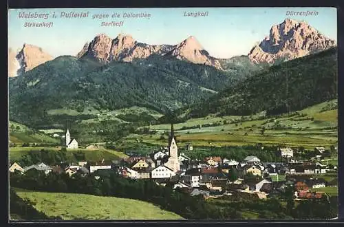 AK Welsberg, Ortsansicht gegen die Dolomiten mit Birkenkofl u. Dürrenstein