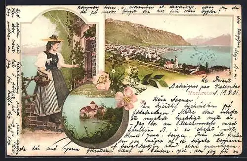 AK Montreux, vue générale, une femme en costume typique et le château de Chillon en médaillon