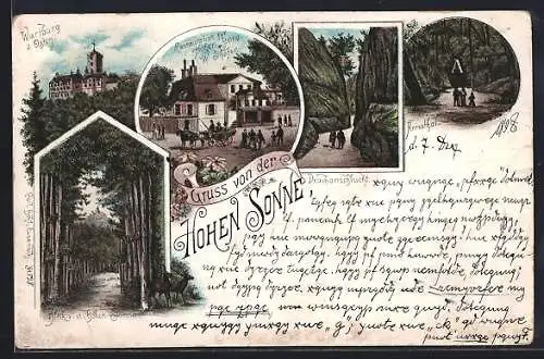 Lithographie Eisenach, Restaurant zur Hohen Sonne, Wartburg von Osten