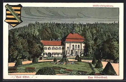 Steindruck-AK Bad Elster, Das Albertbad mit Garten