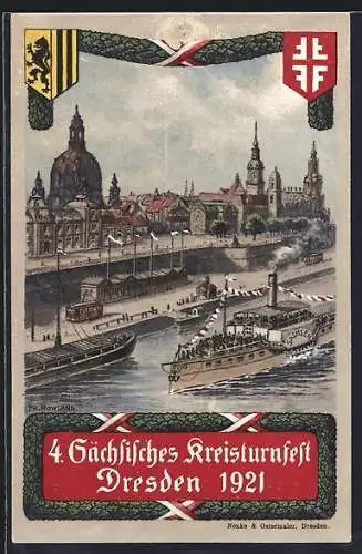 AK Dresden, 4. Sächsisches Kreisturnfest 1921, Frauenkirche, Elbdampfer, Strassenbahn, Wappen