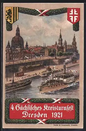 Künstler-AK Dresden, 4. Sächsisches Kreisturnfest 1921, Dampfer am Elbeufer, Blick zur Frauenkirche