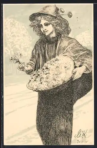 Künstler-AK Leipzig, Margeritentag 1911, Mädchen mit einem Korb voller Margeriten