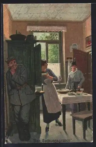Künstler-AK Arthur Thiele: Soldatenhumor, Der Deckungsgraben, Soldat versteckt sich hinter dem Schrank