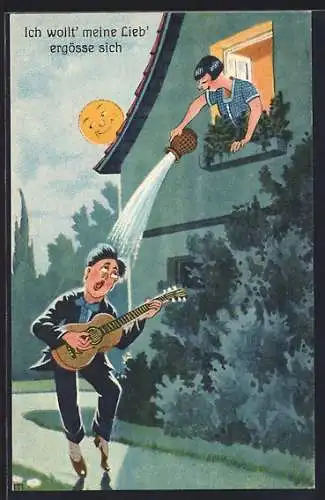 AK Frau kippt vom Fenster über Gitarrenspieler nachts Wasser aus, Mond mit Gesicht