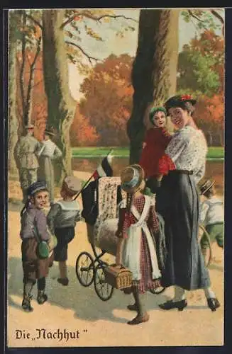 Künstler-AK Arthur Thiele: Soldatenhumor, Die Nachhut, Mutter mit fünf Kindern auf einem Spaziergang, Reichsfahne