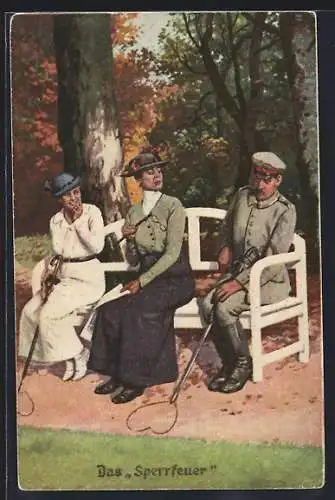 Künstler-AK Arthur Thiele: Das Sperrfeuer, Soldat mit 2 Frauen auf einer Bank zeichnet Herz in den Sand