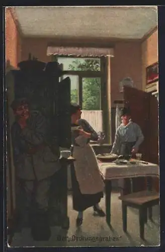 Künstler-AK Arthur Thiele: Soldatenhumor, Der Deckungsgraben, Soldat versteckt sich hinter dem Schrank