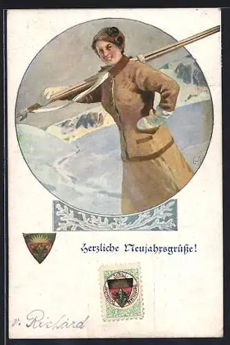 AK Deutscher Schulverein Nr. 949: Frau mit Skiern, Neujahrsgruss